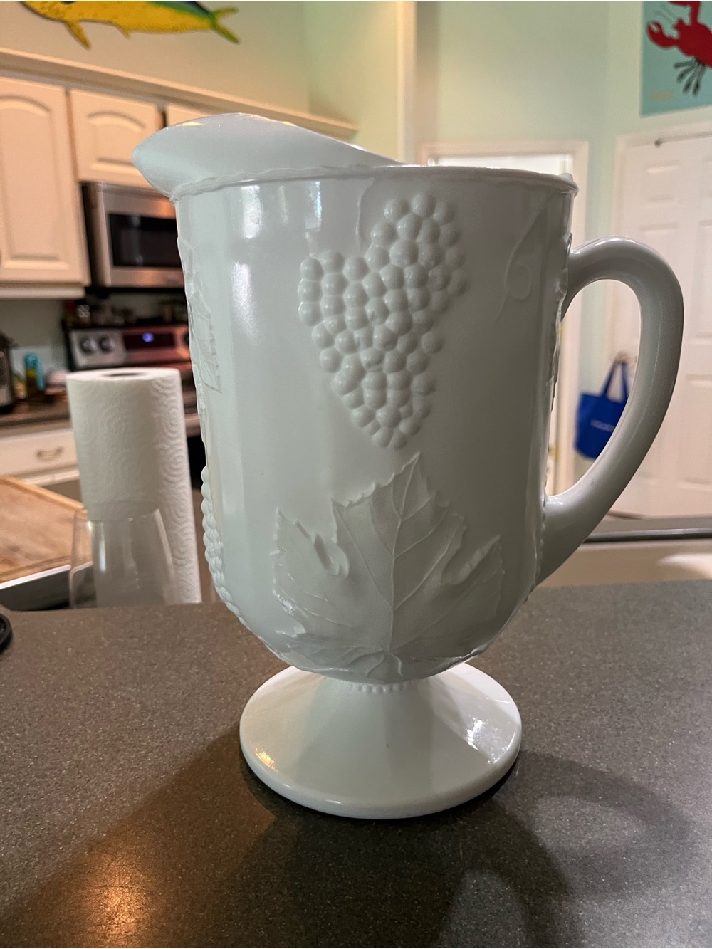 Milk glass White Embossed Grape Pedestal Pitcher - Classic Ceramic